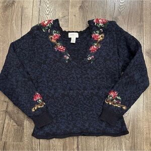 Vintage Tanner Sport Floral Knit Sweater Womens M Cotton Blend V Neck Blue Black